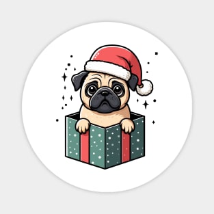 Pug In Present Dog Christmas Festive Santa Hat Magnet